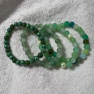 Lot of Four Shades of Green Beaded Bracelets, Size 7”